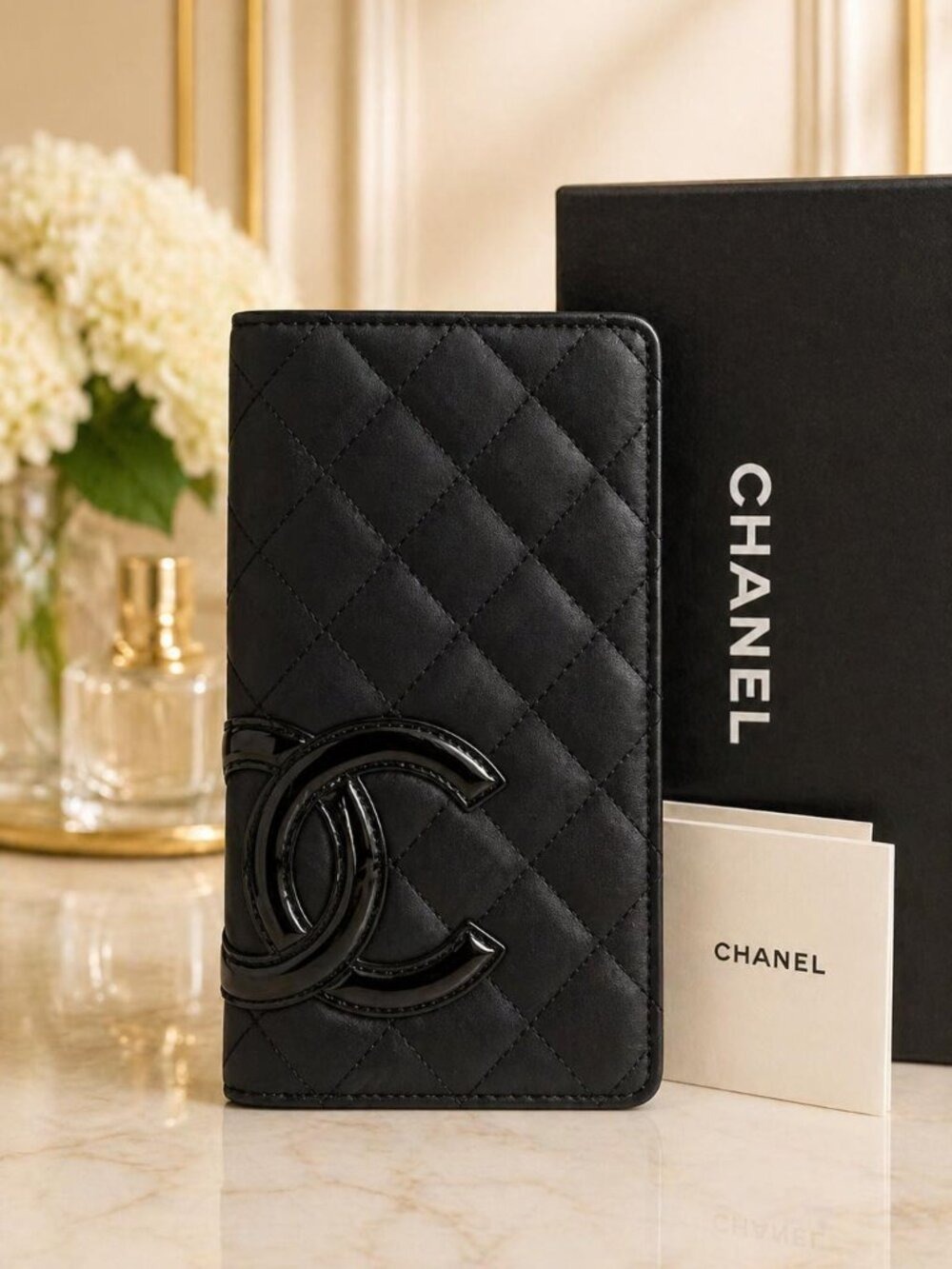 Authentic Chanel Cambon Ligne Black Quilted Leather Long Wallet